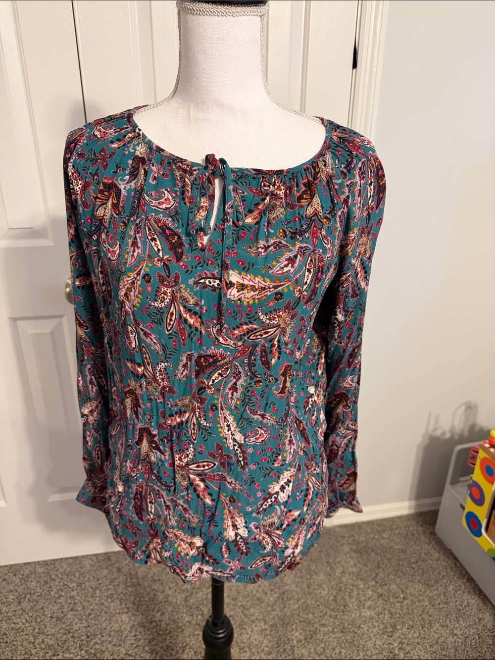 Karen Kane Teal Paisley Long-Sleeve Peasant Blouse
